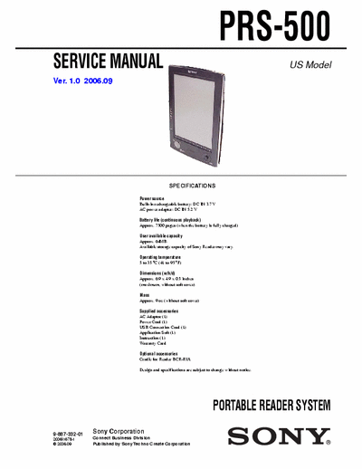 Sony PRS 500 Sony Reader PRS500 Service Manual
